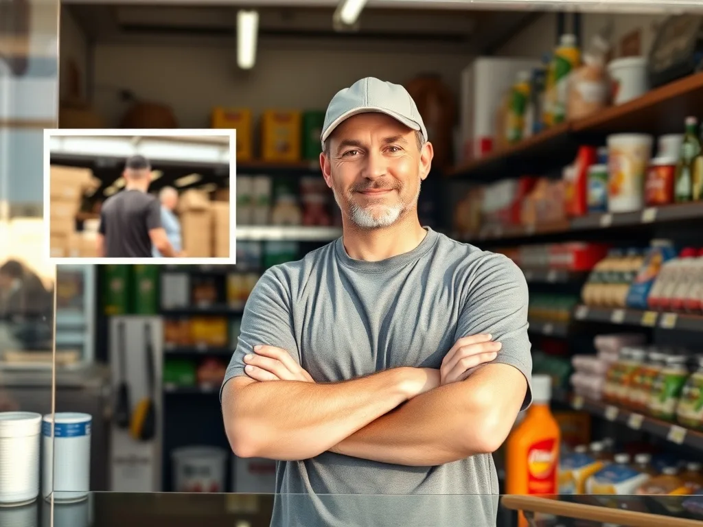 Independent bodega and small grocery store owner behind the counter